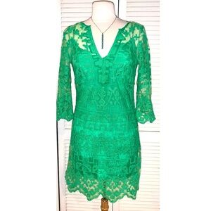 Anthropologie Yoana Baraschi Emerald Green lace overlay midi dress